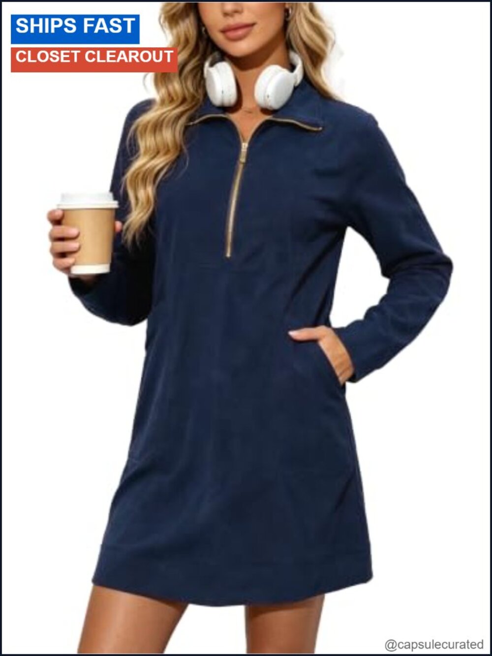 Corduroy Half Zip Shirt Dress with Pockets Side Slits Long Sleeve